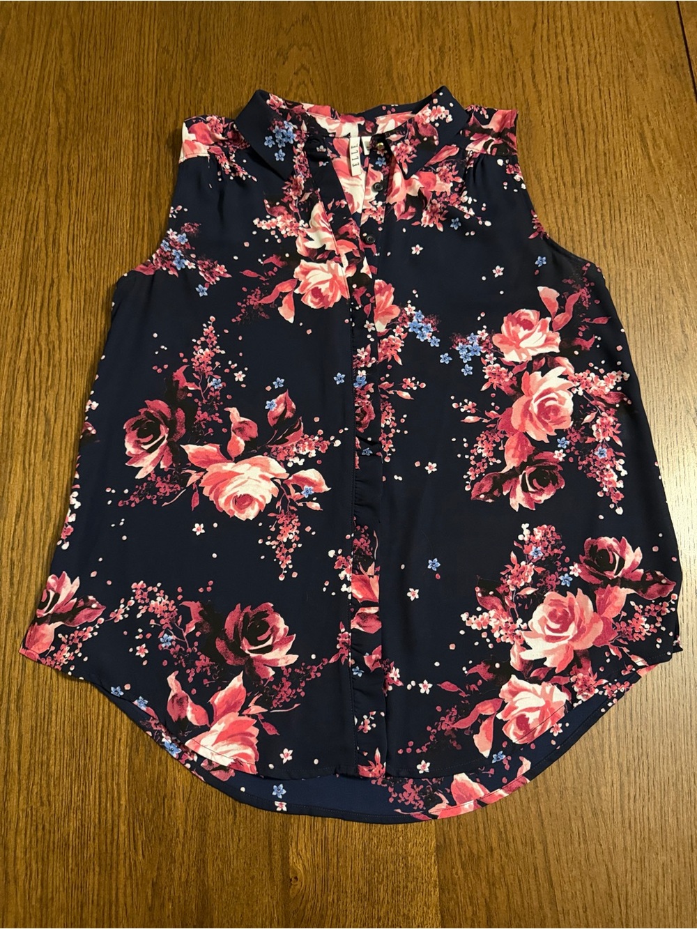 Elle Navy and Pink Floral Collared Shell Top Blouse